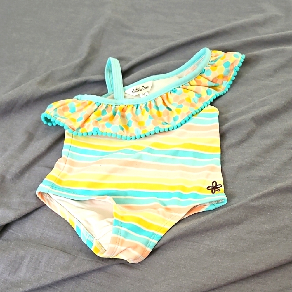 Size 2 Matilda Jane Aqua and Yellow Striped Kids Swim One Piece